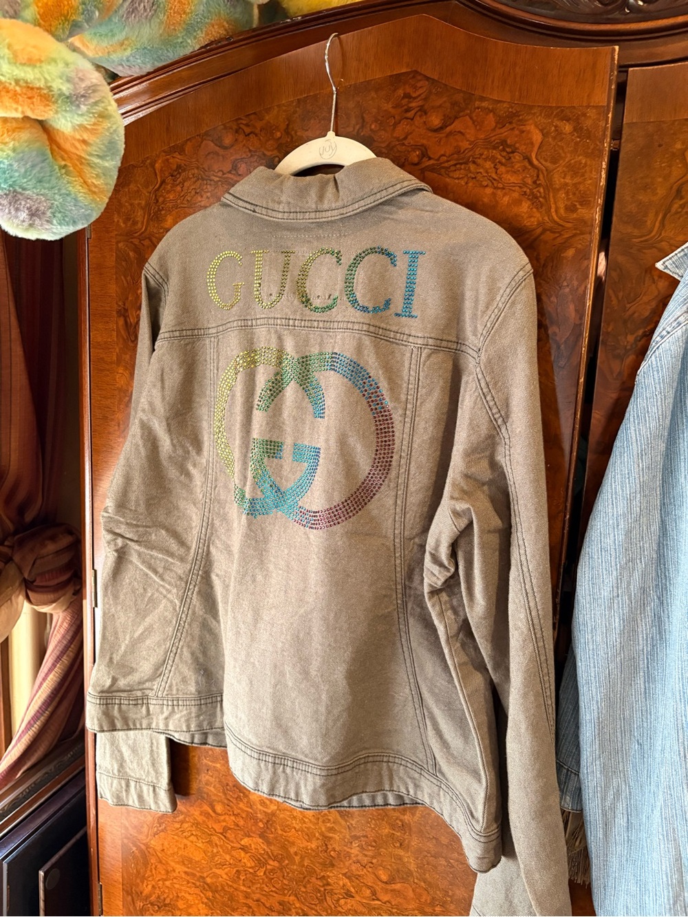 NWT, Gucci Beige Denim Jacket with Multicolor Stud Logo